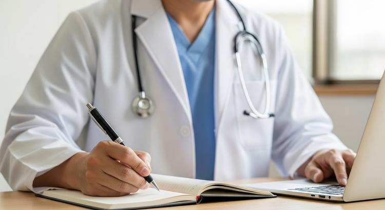 médico escrevendo em caderno sobre diretriz de valvopatias