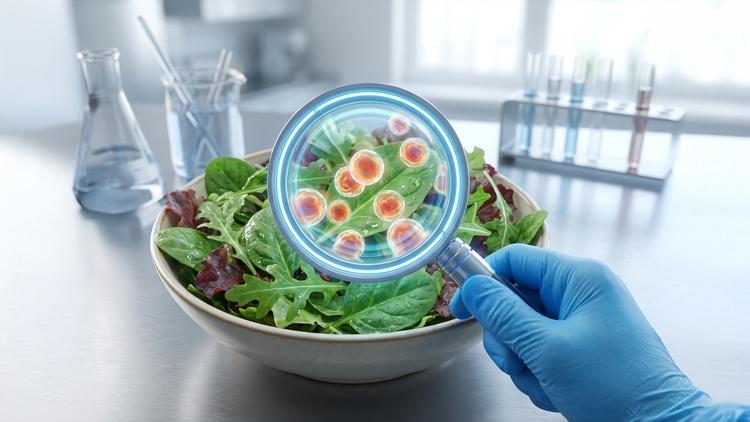 Recipiente com salada de alface em bancada de laboratório e uma lupa ilustrando o parasita Cyclospora
